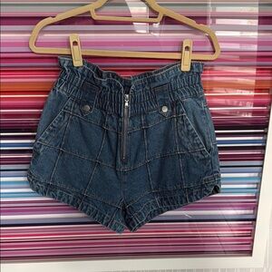 High-Waist Paperbag Denim Shorts in Dark Blue